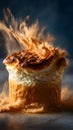 Conceptual soufflÃÂ© with powder splash, golden crust, dark background, cinematic lighting, high detail. Royalty Free Stock Photo
