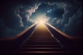 Conceptual stairway leading up to sky with clouds in background.generative ai Royalty Free Stock Photo