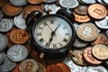 Conceptual Still Life with Alarm Clock on Pile of Coins, Time and Money Theme