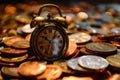 Conceptual Still Life with Alarm Clock on Pile of Coins, Time and Money Theme