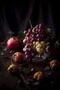 Conceptual Still Life with Grapes, Persimmon and Pomegranate