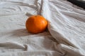 Conceptual still life of a tangerine fruit in an unmade bed showing the concept of wellness and wellbeing Royalty Free Stock Photo