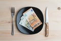 Conceptual studio shot of dinner table with euro bank notes on the plate instead of food. Concept for rising food prices Royalty Free Stock Photo
