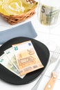 Conceptual studio shot of dinner table with euro bank notes on the plate instead of food. Concept for rising food prices Royalty Free Stock Photo