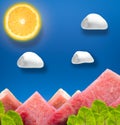 Conceptual summer landscape with watermelon, orange and marshmallows on a blue background. Sunny Flat lay with fruits
