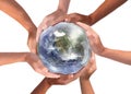 Conceptual symbol of multiracial human hands surrounding the Earth globe. Unity, world peace, humanity concept