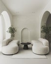 Conceptual symmetry interior room with arched stucco wall. Creative composition sofa with arch in pastel color. Mockup