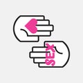 Conceptual two black line hands symbol holding pink heart and word sex icons Royalty Free Stock Photo