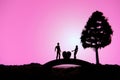 Conceptual valentine holiday illustration. A man proposing a girl silhouette above the bridge