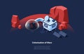 Conceptual Vector Illustration In Cartoon 3D Style. Isometric Composition On Colonization Of Mars Idea On Dark