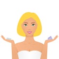 Conceptual vector illustration of feminine hygiene products . Menstrual cups, menstrual tampons and cartoon style girl