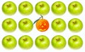 Conceptual view of allergic and hypoallergic fruits; green apples and smilling orange tangerine Royalty Free Stock Photo