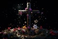 Conceptual view of Christian cross under rain of flowers. Concept for catholic religion and holy week. Generative ai Royalty Free Stock Photo