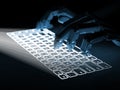 Conceptual virtual keyboard projected onto surface and robot hands Royalty Free Stock Photo