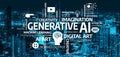 Conceptual Visual of Generative AI with Cityscape Background Featuring Keywords Related to Innovation, Creativity, and Royalty Free Stock Photo
