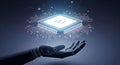 Futuristic AI Processor: Robotic Hand presenting advanced technology for data science and digital innovation. Royalty Free Stock Photo