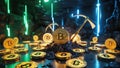 conceptual visualization of cryptocurrency mining featuring glowing coins and digital pickaxes in virtual mine, illuminated by Royalty Free Stock Photo