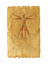 Conceptual vitruvian human body drawing on old paper background