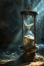 A conceptual water-filled hourglass in an aged setting with cobwebs and dust