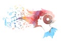 Conceptual watercolor background of a woman's vinyl head , hair turning into musical notes ,Vector Royalty Free Stock Photo