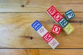 Conceptual of work from home during lockdown directives during virus outbreak. Wooden alphabet cubes forming WORKFROMHOME. Focus