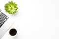 Conceptual workspace or business concept. Laptop computer with plant in a pot and cup of coffee on white background. Free space fo