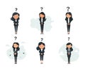 Concerned business woman cartoon set. Standing sad thinking full height jacket suit female girl question marks character Royalty Free Stock Photo
