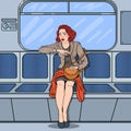 Concerned Business Woman Traveling in Metro Late at Work. Pop Art illustration Royalty Free Stock Photo