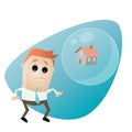 Concerned businessman with house in a soapbubble and a needle