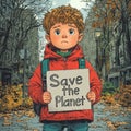 concerned child holding sign that reads Save Planet in city setting Royalty Free Stock Photo