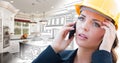 Concerned Female Contractor Using Smart Phone Over Kitchen Drawing Gradating to Photo Royalty Free Stock Photo