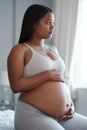 Concerned for the future of her baby. a pregnant woman looking thoughtful at home. Royalty Free Stock Photo