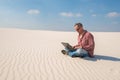 Concerned man with a laptop sits in desert Royalty Free Stock Photo