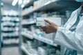 Concerned pharmacist evaluating medication guide in a pharmacy with shelves of drugs in the background