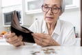 Concerned senior woman holding empty wallet,old elderly people shaking out coins from wallet,last remaining money coins,financial Royalty Free Stock Photo