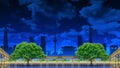 A concert background with a golden colonnade and trees set against the backdrop of the landmarks of Seoul. Animation of