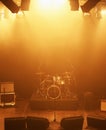 Concert, band and drums at stage for performance with instruments for live sound or gig. Music festival show, ready or Royalty Free Stock Photo