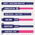 Concert bracelets for entrance to the event. Set of wristbands for entrance to the festival, concert Royalty Free Stock Photo