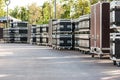 Concert containers. Boxes for equipment. Preparing the stage for a concert in the open air