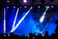 Concert crowd attending a concert, people silhouettes are visible, backlit by stage green lights. Smart phones are visible here an