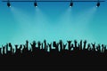 Concert crowd, people silhouettes. Hands with different gestures and smartphones in raised hands. Spotlights on stage Royalty Free Stock Photo