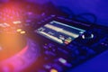 Professional dj audio equipment on edm music festival in night club Royalty Free Stock Photo