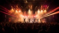 Concert festival with scene stage orange lights with colorful smoke rock show performance, people silhouette, colourful confetti