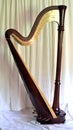 Concert grand pedal harp against white curtains