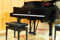 Concert grand piano and regulated bench in hall Royalty Free Stock Photo