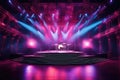 Concert hall with a stage with a disco ball in the center, multicolored rays of light come from the disco ball