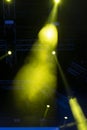 Concert lights, stage, show and excitement. Light spots in concert, outdoor stage at night, foggy electricity.