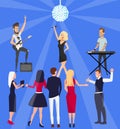 Concert, music festival with dancing people. Musicians, musical band perform, making disco show