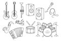 Concert musical instruments, set. Guitars, drums, saxophone, trumpet, microphone, accordion and speakers, line art. Sketch