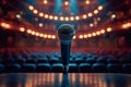 Concert prep Microphone on theater stage with empty seats, anticipation Royalty Free Stock Photo